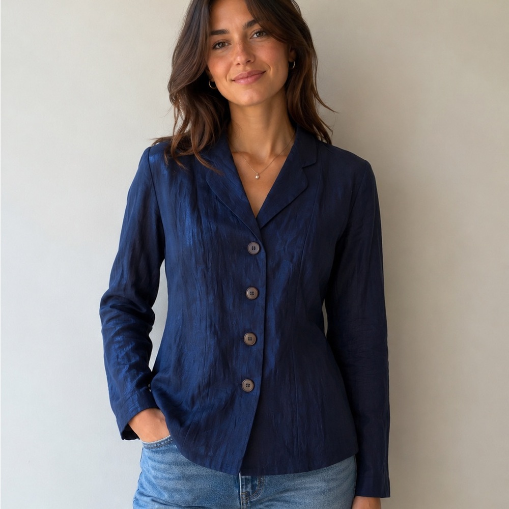 Giorgio sant’ Angelo 100% linen Navy Button-Front Blazer Jacket